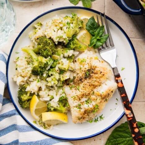 Square overhead image of a plate of baked fish and rice.