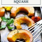 Brown sugar roasted acorn squash with text title box at top.
