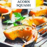 Brown sugar roasted acorn squash with text title overlay.