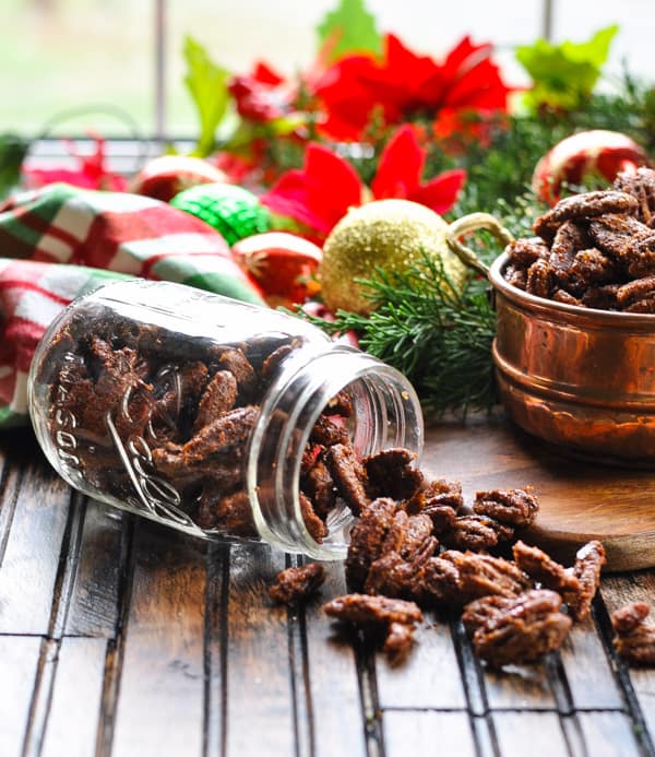 Candied pecans in a mason jar