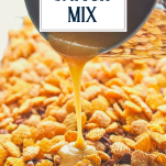Process shot showing how to make party snack mix with text title overlay