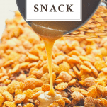 Prep shot of 4 ingredient snack mix called crack snack with a text title box at the top