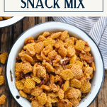 Overhead shot of sweet and salty chex mix with text title box at top