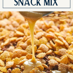 Pouring caramel over snack mix with text title box at top
