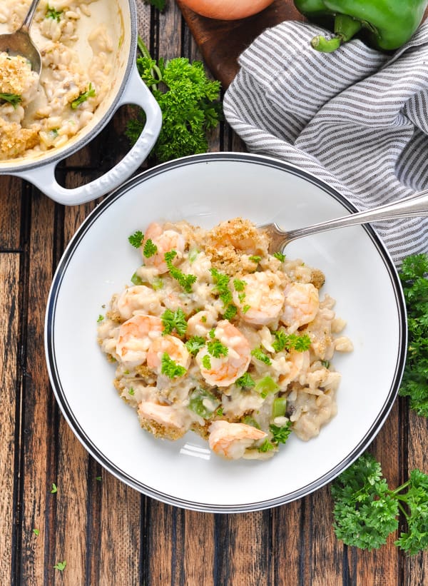 Overhead image of bowl of creamy shrimp and rice casserole