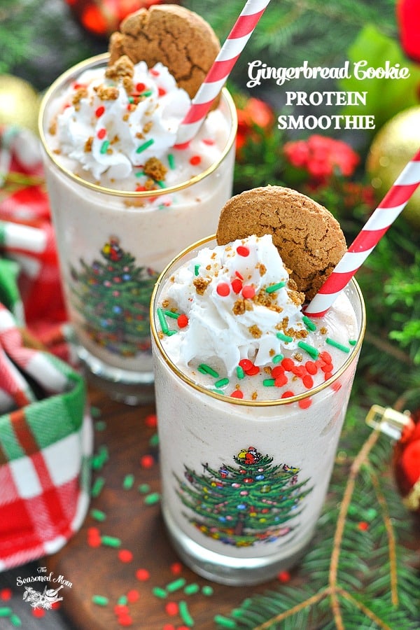 Two glasses of Frosted Gingerbread Cookie Protein Smoothie recipe with text overlay