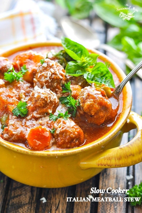 Bowl of Slow Cooker Italian Meatball Stew with text overlay