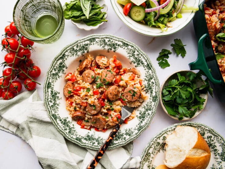 Horizontal overhead shot of a bowl of Italian sausage and rice casserole.