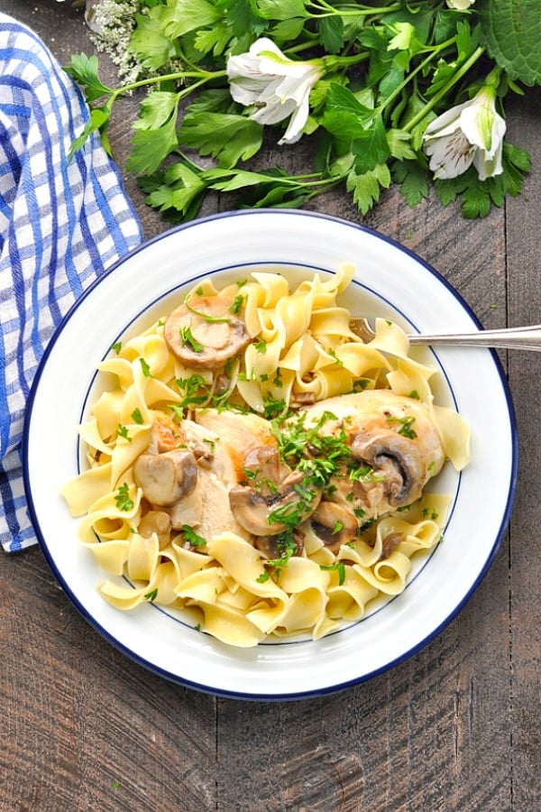 Overhead image of bowl of egg noodles topped with chicken with creamy mushroom sauce