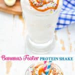 Long collage of healthy bananas foster protein smoothie