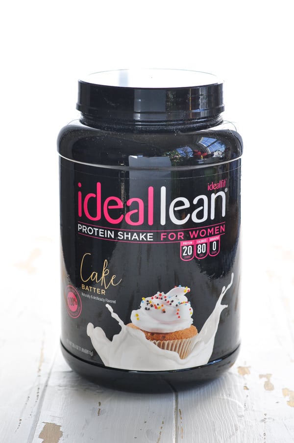 Tub of IdealLean cake batter flavor protein powder