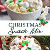 Long collage image of Christmas snack mix.