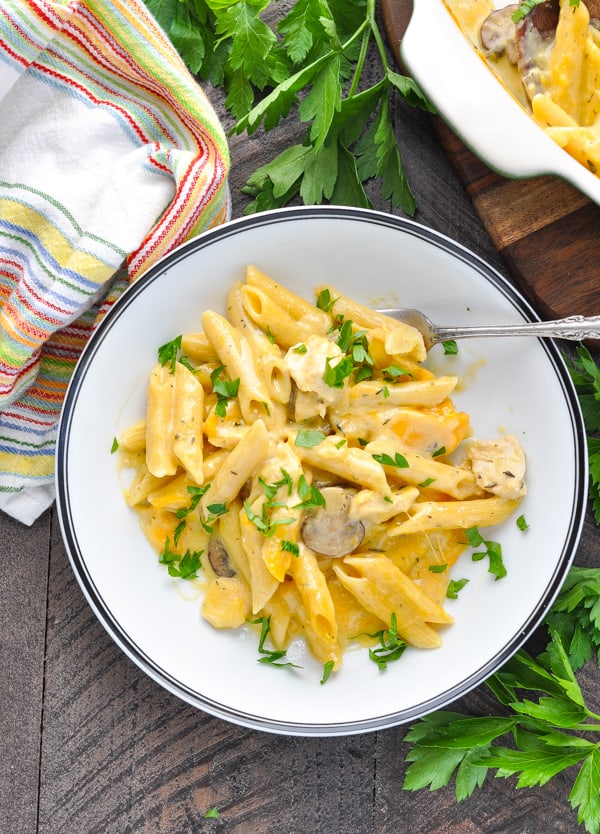 Overhead image of bowl of the best penne pasta recipe