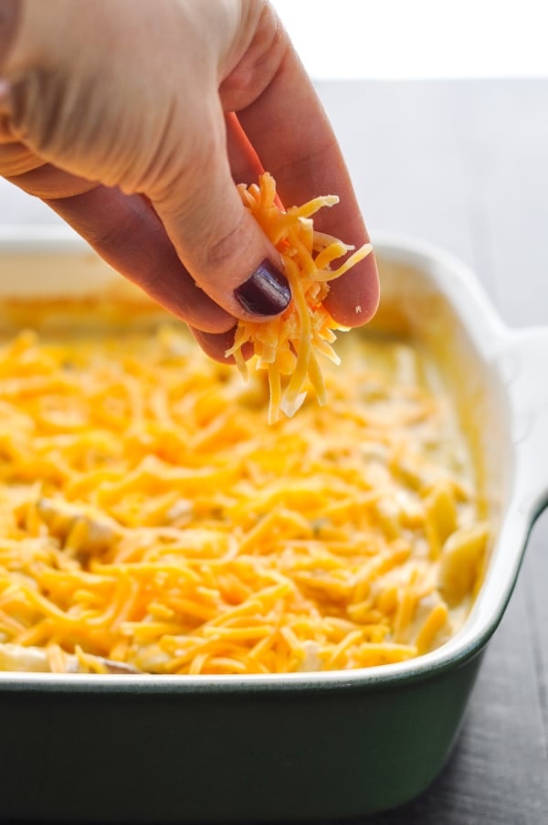 Sprinkling cheddar cheese on top of baked chicken penne pasta casserole