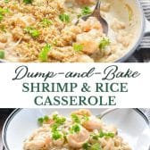 Long collage image of Dump and bake shrimp and rice casserole.