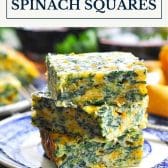 Aunt Bee's cheesy spinach squares with text title box at top.