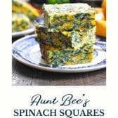 Aunt Bee's cheesy spinach squares with text title at bottom.