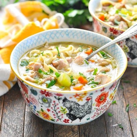 Square side shot of easy turkey noodle soup recipe without carcass.