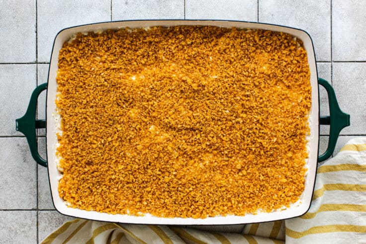 Assembled hashbrown casserole before baking.