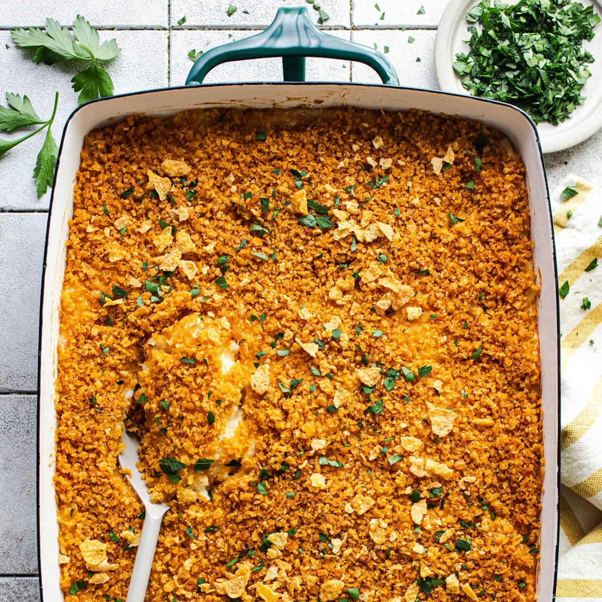 Square overhead shot of a pan of hashbrown casserole.