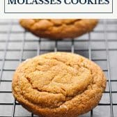 Old fashioned chewy molasses cookies with text title box at top.