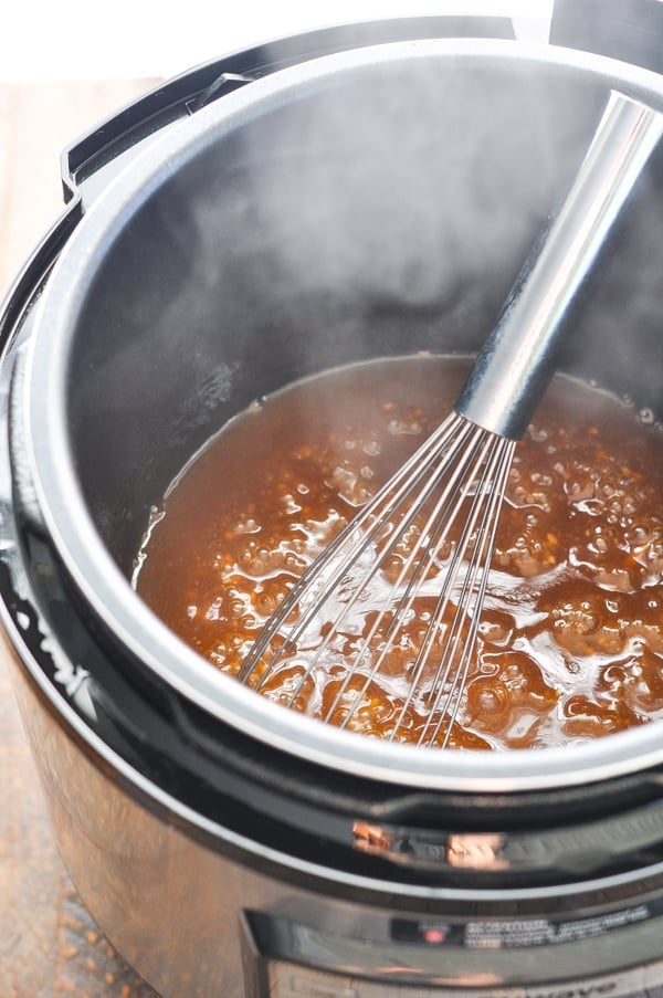 Whisking and thickening teriyaki chicken sauce in Instant Pot
