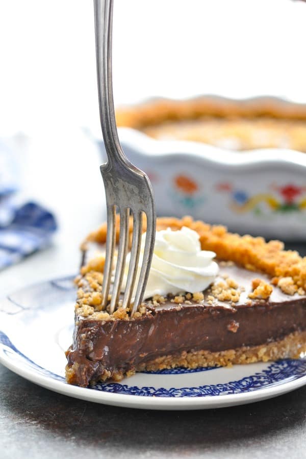 Close up shot of fork in a slice of chocolate pudding pie