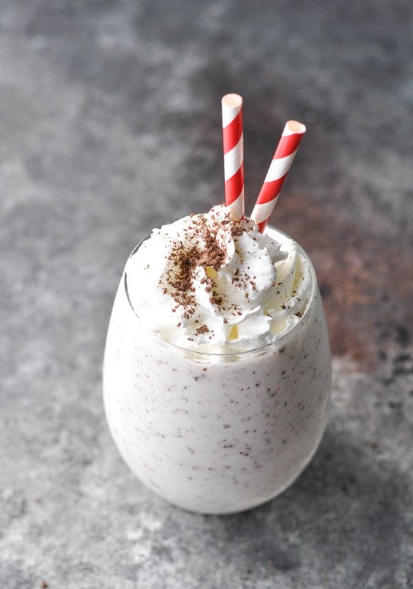 Overhead image of cookies and cream shake garnished with whipped cream and crushed chocolate graham cracker