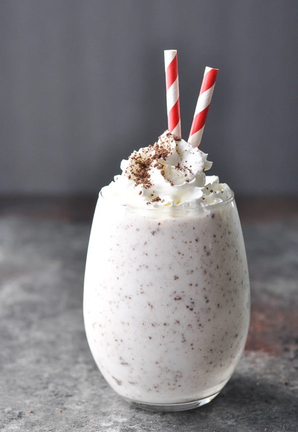 Front view of Cookies and Cream healthy smoothie in a glass