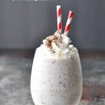 Front image of cookies and cream protein shake with text overlay title