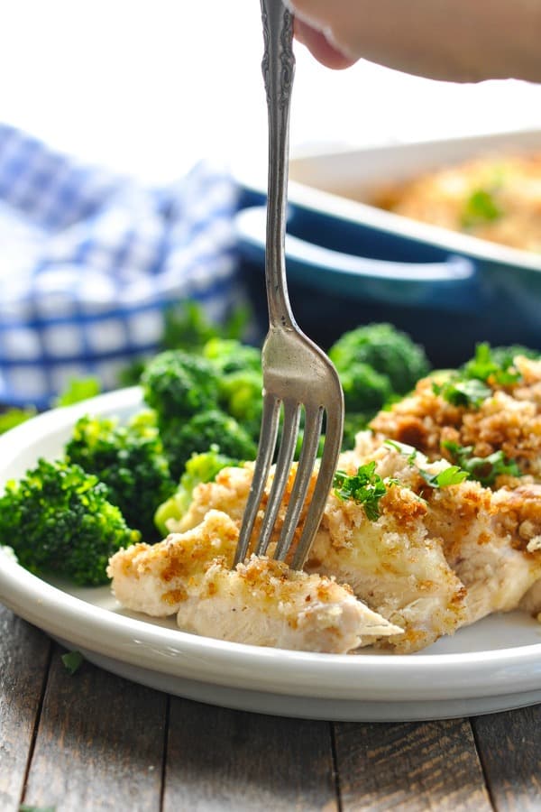 Close up shot of chicken stuffing casserole on a fork