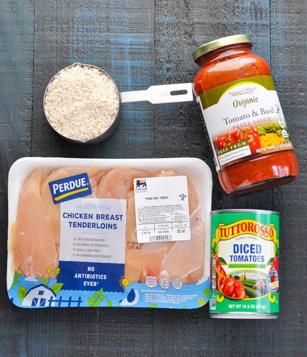 Ingredients for dump and bake italian chicken and rice