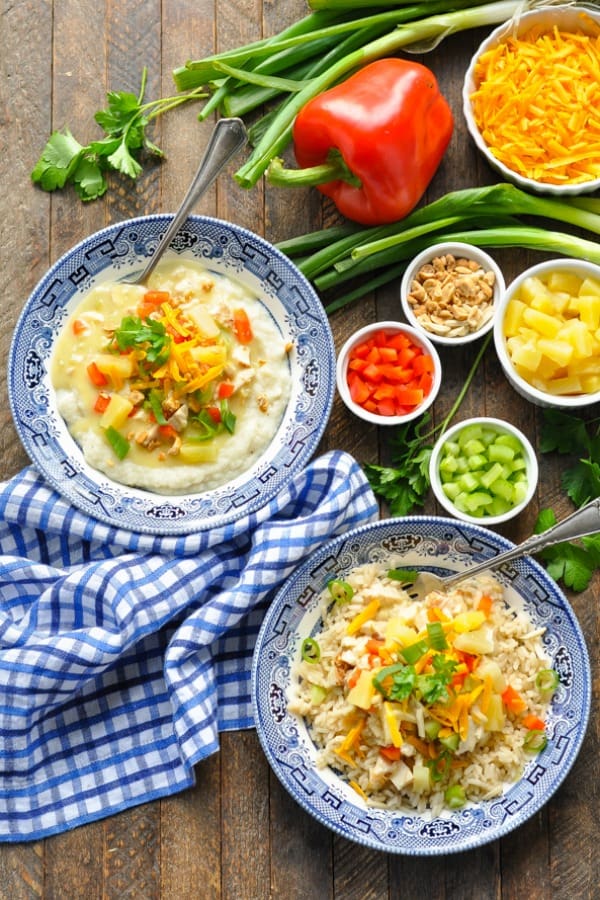 Overhead shot of Hawaiian Haystacks in bowls with rice, vegetables and other toppings