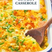 Leftover cornbread cowboy casserole with chicken and text title