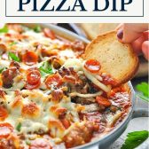 Dipping chips in easy pizza dip recipe with text title box at top