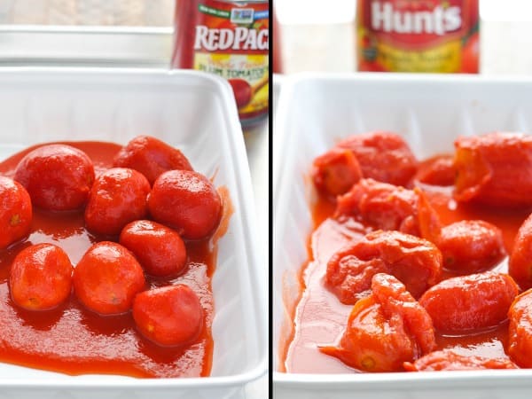 Side by side comparison of Hunts and Red Pack tomatoes