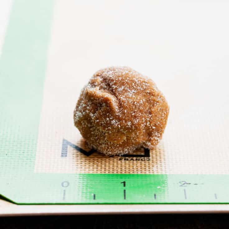Molasses cookie dough ball rolled in sugar and placed on a baking sheet.
