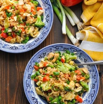 Overhead image of two bowls of chicken fried rice