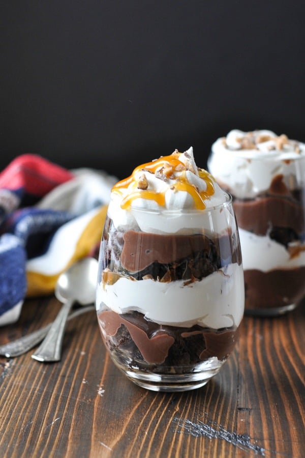 Layered easy chocolate trifle in an individual cup