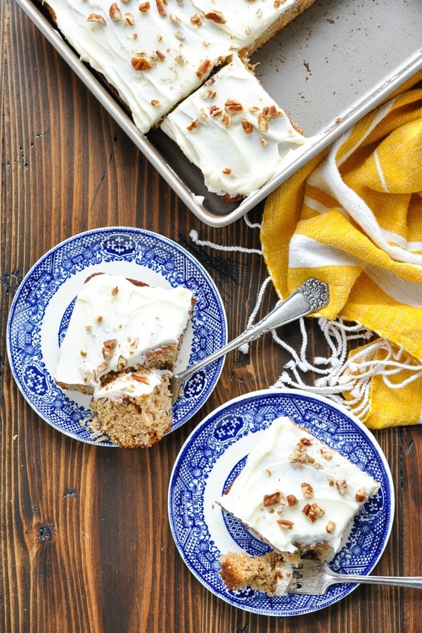 Overhead image of Hummingbird Cake on serving plates and in a pan