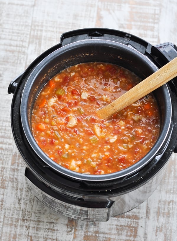 Overhead shot of Lentil Soup recipe in a pressure cooker