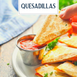 Dipping a pizza quesadilla in sauce with text title overlay