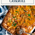 Cabbage casserole in a pan with text title box at top