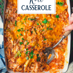 Serving dish of cabbage roll casserole with text title overlay
