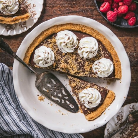Overhead square featured image of a chocolate pudding pie