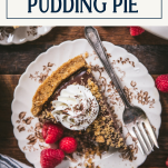 Overhead shot of a slice of jello chocolate pudding pie on a plate with text title box at top