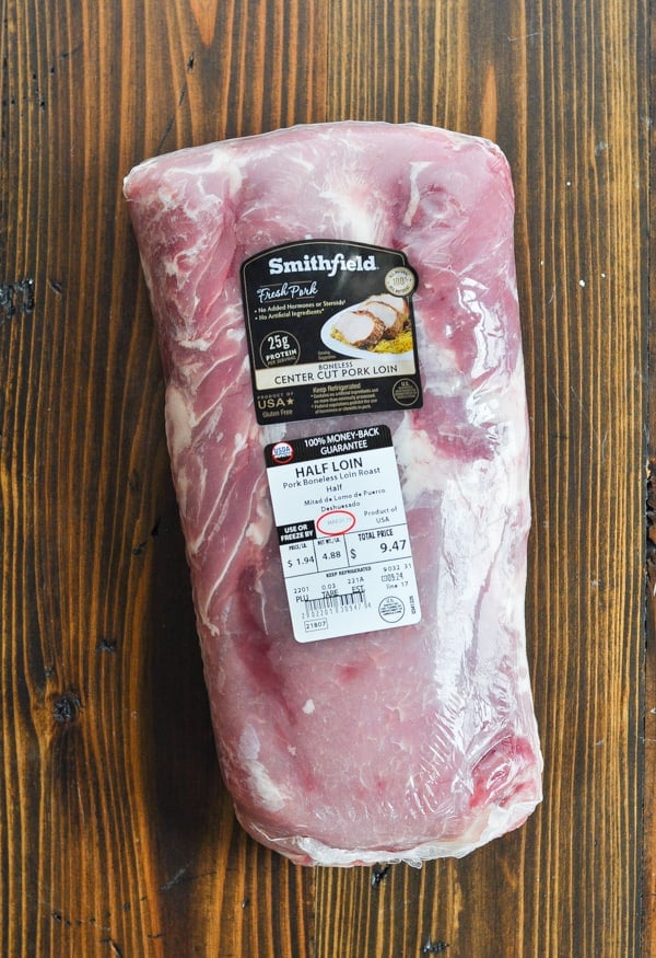 Overhead shot of boneless pork loin in packaging