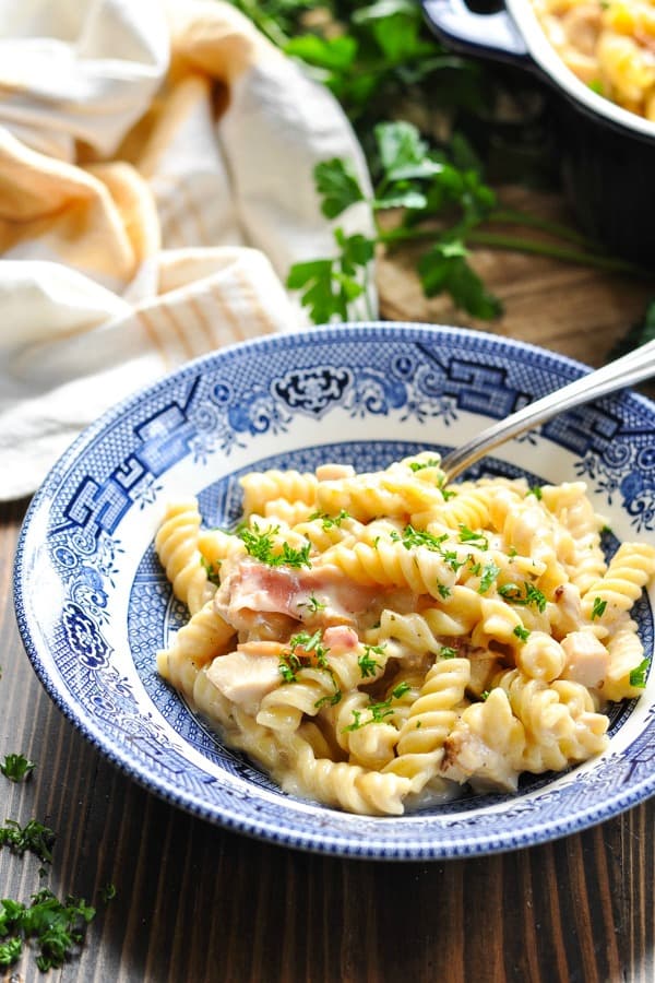 Front view of a close shot of Chicken Bacon Ranch Pasta in a bowl
