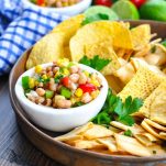 Copper tray of Texas Caviar and chips
