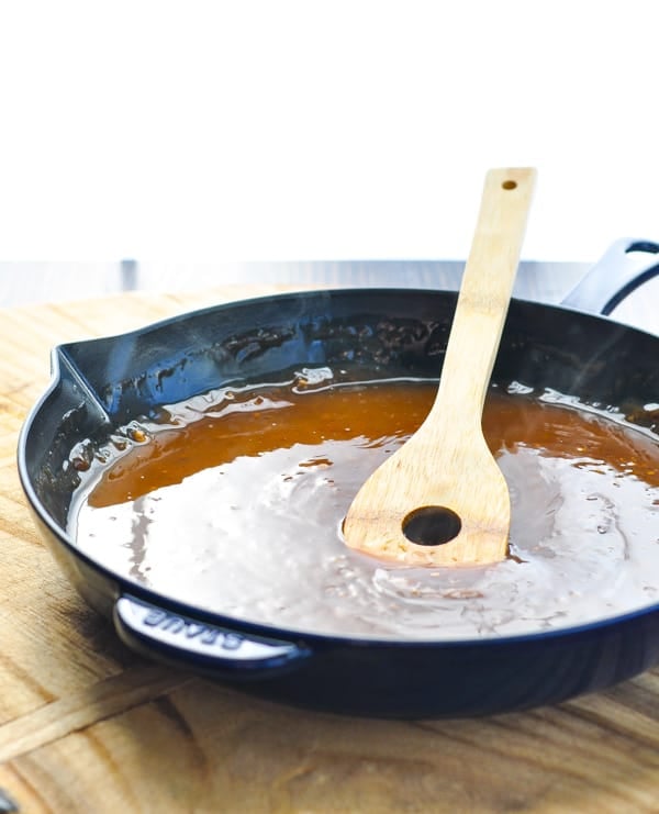 Stir fry sauce in a cast iron skillet